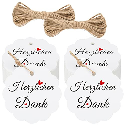 jijAcraft Rund Geschenkanhänger Weiß, Kraftpapier Etiketten 6CM, 100 Stück Herzlichen Dank Etiketten Anhänger mit Juteschnur für Hochzeit, Handwerk Geschenkverpackung