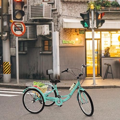 24 Zoll Erwachsene Faltrad 7 Geschwindigkeit Erwachsenen Dreirad Fahrrad mit Rückenlehne und Einkaufskorb für Erwachsene und Senioren (Grün)