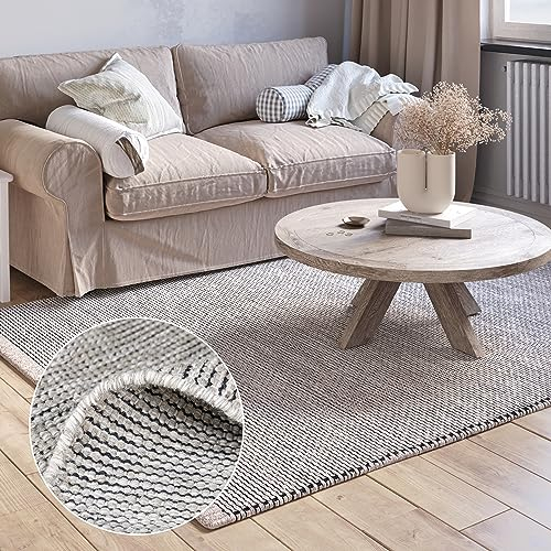 MY-RUG Wollteppich Natur 170 x 120 cm, Roshni, Creme, grau, beige, handgewebt, Naturprodukt, Küchenteppich Küche flach gewebt aus Wolle