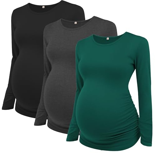 Love2Mi 3er Pack Umstandsshirt Damen Langarm für Schwangerschaft | Weiches Stretchmaterial, Seitliche Raffungen, Klassischer Schnitt, Vor & nach der Schwangerschaft, Alltag & Freizeit