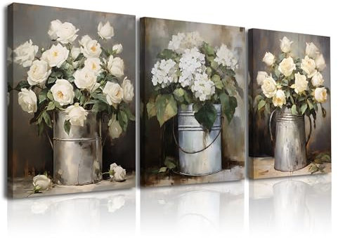 PIY PAINTING Elegante Rosen Leinwand Bilder Weiße Rosen symbolisieren pure Liebe Wandbilder Kunstdrücke auf Leinwand Umrahmt für Wohnzimmer, Als Geschenk für Ihren Liebsten zum Valentinstag 3x 30x40cm