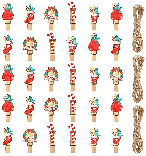 Gukasxi 30 Stück Mini Holzklammern Weihnachten Holz Clips Klammern Weihnachten Wäscheklammern Dekoklammern Holzwäscheklammern für Weihnachten und Adventskalender Dekoration (Mehrfarbig B)