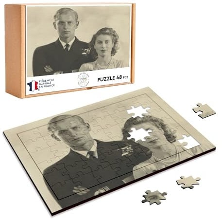 Puzzle in legno 48 pezzi Regina Elisabetta II e Filippo Ritratto 1940 Regina d'Inghilterra Vintage