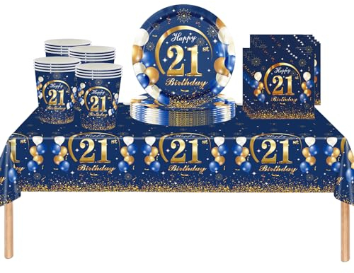 53Pcs Navy Blue Happy 21st Birthday Party Tableware Plastic Table Cloth,Paper Plates,Napkins and Cups for Man Birthday Table Decorations Disposable Party Tableware Set for Adults Birthday Party