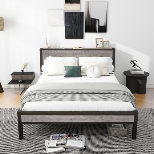 Diahomy Kingsize-Bettgestell aus Metall, Plattform-Bettgestell mit Holzkopfteil, Matratzenuntergestell, Unterbettaufbewahrung, kein Boxspringbett nötig, Grau, 208 x 150 cm