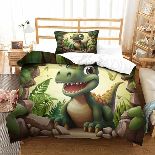 JMORCO Dinosaurier 3D Druck Bettgarnitur Bettwäsche Set Cute Tier Mikrofaser Bettbezug Mit Kinder Mit Reißverschluss Mit Kopfkissenbezug 2-teiliges Set Single（135x200cm）