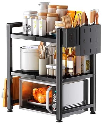 YSUEFIJO Meuble de Rangement Cuisine Haut, Etagere de Cuisine Multifonction, Extensible Support Micro Onde en Métal, Meuble Rangement, pour Épices, Conserves, Bouteilles