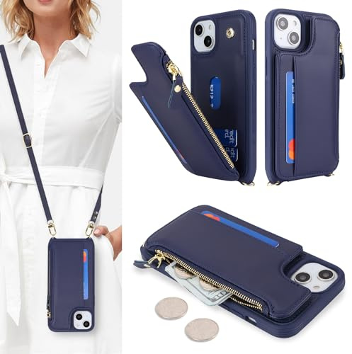 SailorTech Handyhülle für iPhone 13 Etui mit Kartenfach, iPhone 13 Hülle mit Verstellbarer Halskette, iPhone 13 Handytasche mit Reißverschluss Geldbörse - Blau