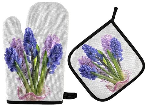 Rosa lila Hyazinthen-Ofenhandschuhe, Topflappen-Set, Frühling, Sommer, Blumen, Küchendekoration, Kochen, Herdhandschuhe, hitzebeständige heiße Pads, recycelt für BBQ, Backen, Grillen