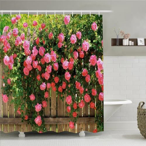 Simpomsy Outdoor Shower Curtain Garden Decor, Pink Rose Shower Curtain Green Plant Spring Garden Landscape Bathroom Curtain Waterproof Cloth Fabric Bathroom Decor Set with Hooks 200x180cm