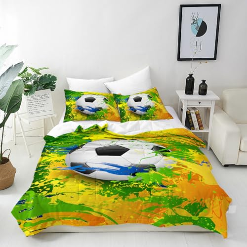ANHOPE Malerei Sport Thema Fußball Bettwäsche Set 3 Teilig Weich Bettbezug 155x220 cm & 2 Kissenbezug 80x80 cm Microfaser Bettbezüge Set mit Reißverschluss Bettdeckenbezug für Kinder Jungen Mädchen
