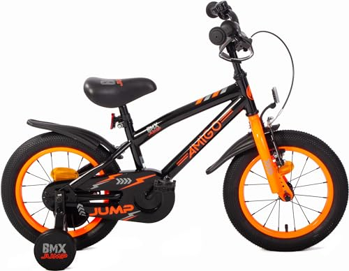 AMIGO BMX Jump - Kinderfahrrad Jungen - 14 Zoll - Mit Rucktrittbremse und V-Brake und Stützräder - ab 3-5 Jahr - Schwarz/Orange