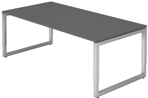 bümö höhenverstellbarer Schreibtisch R-Serie 200x100 cm in Graphit, Gestell in Silber - großer PC Tisch für's Büro manuell höhenverstellbar, Computertisch verstellbar