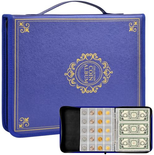 Münzsammelbuchhalter für Sammler, 200-Taschen-Münzen-Sammelalbum.30 Ärmel Papiergeld-Display-Aufbewahrungskoffer für Münzwährungs-Sammelzubehör (200 +30 Geldbinder) (Grau) (Blau)