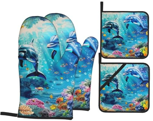 Sea Underwater Dolphin Fish Oven Mitts and Pot Holders Set of 4 - Heat Resistant, Waterproof Fabric - Ideal for Kitchen, Baking, Barbecue - Idea Gift!