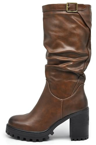 IF FASHION Stivali Arricciati Al Polpaccio da Donna In Pelle Sintetica Con Tacco Grosso Plateau Fibbia G693 brown N.37