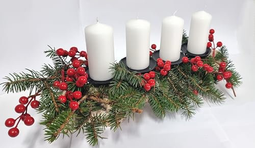 Kerzenständer aus Birkenstamm mit 4 Kerzenhaltern inkl. Kerzen Dekofrüchten Girlande und echtem Tannengrün I Weihnachtsgesteck I Adventsgesteck I rustikal I handgefertigt in Deutschland