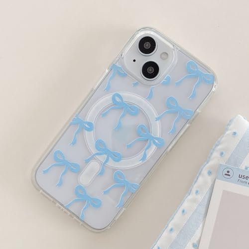 UEEBAI Magnetisch Hülle für iPhone 13/iPhone 14, Niedliche Silikon Tansparent Handyhülle mit Schleife Schutzhülle mit Kabelloses Laden, Weiche Bumper Cover Case für Frauen Mädchen, Blau