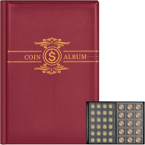 Münzsammlung Buch Supplies Halter Album für Sammler, 300 Taschen gepresste Münzhülsen Display Aufbewahrungskoffer für Multi-Münzen Sammlungen Halter, Viertel, Pennies, Silber Dollar Münzen (Rot)
