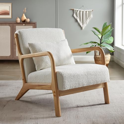 Sicaan Sessel Marie Skandinavisch Weiß – Bequemer Loungesessel aus Bouclé-Stoff mit Kissen – Elegantes Vintage-mit gebogenen Holzarmlehnen für Wohnzimmer, Schlafzimmer oder Büro – 84 x 65 x 74 cm