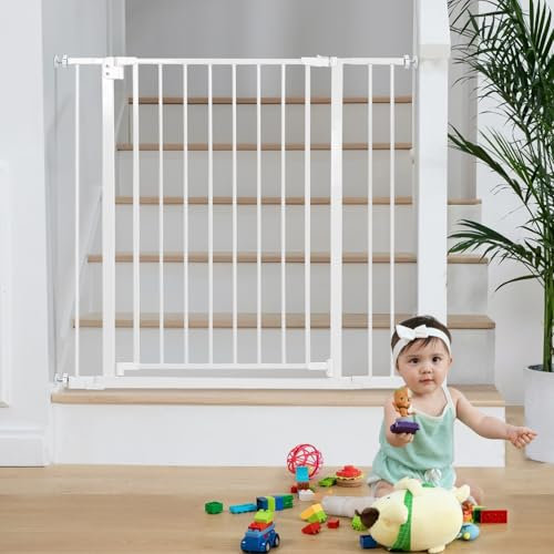 COMOMY Treppenschutzgitter ohne Bohren, 75-103cm Türschutzgitter für Kinder und Hund, Kindergitter mit 7cm und 14cm Verlängerungen, 90° Stop, Selbstschließend, 76cm Hoch (Weiß)