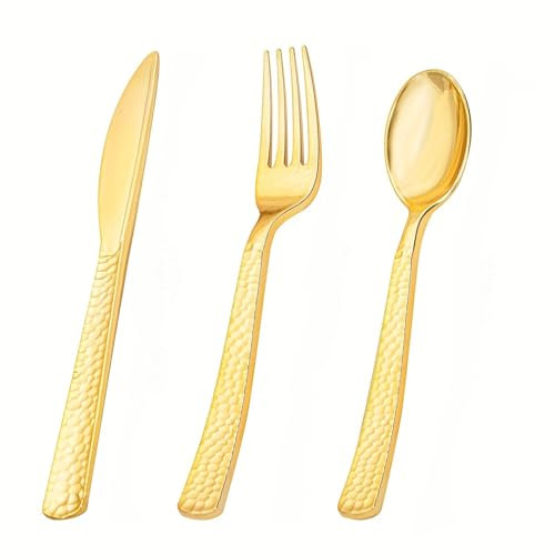 Set of 75 Golden Plastic Cutlery Set, Reusable HeavyDuty Golden Cutlery for Weddings, Thanksgiving, Christmas Parties, Gold, Includes 25 Forks, 25 Knives, 25 Spoons (Golden Colour)