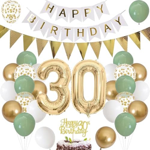 Luftballon 30. Geburtstag Salbeigrüne Folienballon Luftballon Zahlen 30. Geburtstagsdeko Männer Frau 30 Jahr Riesen Folienballon Zahl 30 Ballon 30 Deko zum Geburtstag Dekoration Grün Weiß Gold