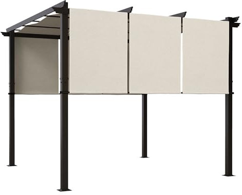 Outsunny Pérgola con 3 cubiertas correderas 3 x 3 m estructura de acero tejido de poliéster de alta densidad beige