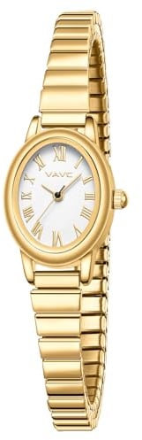 VAVC Small Gold Watches for Women,Analog Womens Watch with Stainless Steel Expansion Band,Oval Case Roman Dial,Water Resistant(5.91in-6.7in)