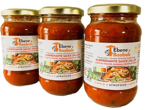 Jollof sauce Ebene&Baobab - pour riz, marinade ou autre – tomates, légumes condiments et épices - pour 3 à 4 personnes – Lot 3 x 250g, cuisiné en France - Livraison eco responsable en point relais