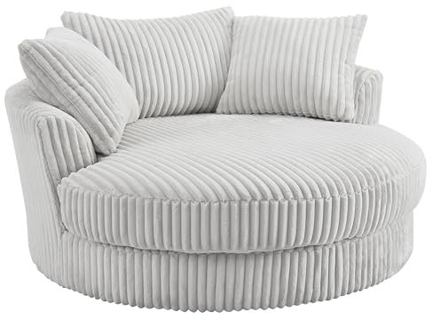 Fabric Swivel Sofa Loveseat with Swivel Function, Large Cuddle Chair Sofas in Teddy Jumbo Cord Fabric (Silver Teddy Jumbo Cord)