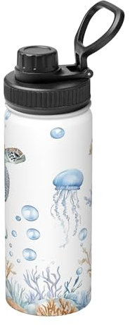 Jellyfish Sea Stainless Steel Vacuum Insulated Water Bottle 18oz/530ml, Ocean Turtle Leakproof Flask with Carry Handle Thermal Mug for Sport School Travel Gym Commuting