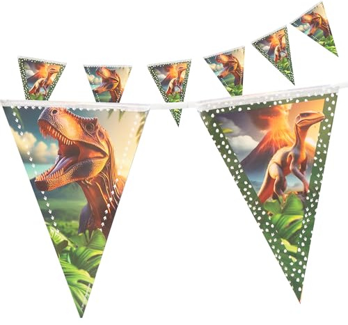 Party Factory Wimpelkette Geburtstag Dino Realistisch, 4-5 Meter, Grün Braun, Geburtstagsdeko, Girlande als Deko für Kindergeburtstag und Mottoparty