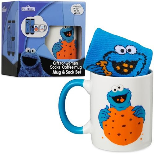 Get Trend Sesame Street Mug & Socks Gift Set for Teens & Women, 340ml/11.5oz Ceramic Tea Coffee Cup & Crew Socks, Cookie Monster Elmo Gifts for Her (Multi Cookie Monster)