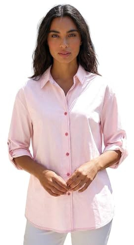 Roman Originals Short Sleeve Shirt for Women Ladies Cotton Blouse Button Tunic Printed Top Work Smart Casual Going Out Work Office V Neck Everyday Evening Event - Light Pink - Size 16