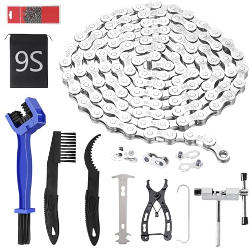 9 Fach Fahrradkette Kettennieter Silber Kette Bike Chain für Rennrad Mountainbike, Schaltungskette Fahrrad Werkzeug Set mit Kettenschloss Zange Kettenbrecher Kettenprüfer Reinigungsbürste