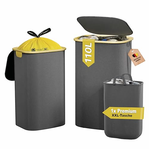 heimora Gelber Sack Ständer 110L mit Deckel & Waschbarem XXL-Innenbeutel – Premium Müllsackhalter für Küche & Haushalt – Stabiler Gelber Sack Mülleimer zur Abfalltrennung (Grau)