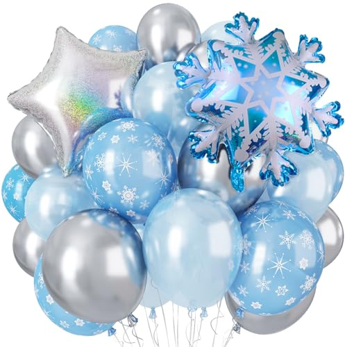 Winter Schneeflocke Luftballons, 12 Perlen Hellblau Silber Latex Ballons mit Stern Schneeflocke Folienballon für Winter Wunderland Weihnachten Baby Its Cold Outside Shower Geburtstag Party