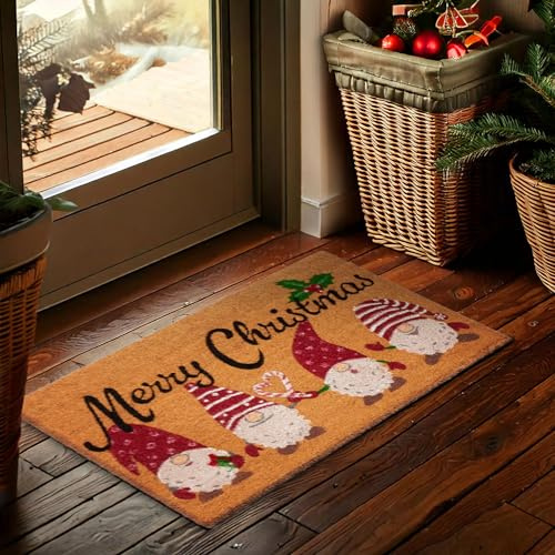 BRUBAKER Weihnachtsfußmatte für Außen und Innen - Merry Christmas - 45 x 75 cm Schmutzfangmatte aus Kokos - Antirutsch Fußmatte mit Wichtel Zwergen - Wetterfest und rutschfest - Weihnachten