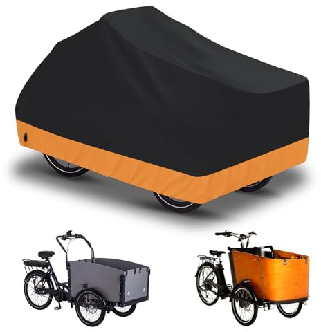 Lastenrad Abdeckung 420D Oxford-Stoff Fahrradabdeckung Wasserdicht Outdoor Fahrradgarage Wetterfest Lastenfahrrad Abdeckplane Abdeckung, Schwarz und Orange