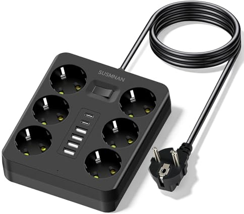Regletas Enchufes, Ladron Enchufes con 6 Puertos USB y 6 Tomas | (4 USB A+2 USB C) Alargador Enchufe 2500W/10A, Enchufe Multiple para Casa, Oficina, Cocina (Negro-6 tomas, 1.8M)