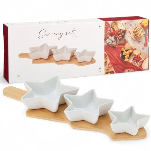 MIJOMA Servierset Weihnachten 4-teilig – 3 Porzellanschalen in Sternform in unterschiedlichen Größen – Holztablett in Baumform – Festliches Snack- und Dipset