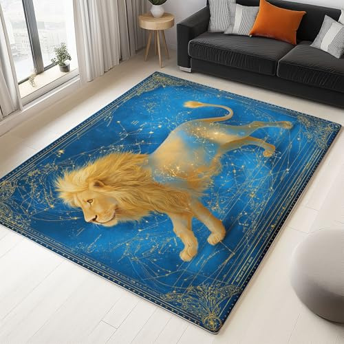 Generisch Fantasie Tiere Sternenhimmel Löwe rutschfest Teppich Blaufür Wohnzimmer Kinderzimmer -Dekoration Bodenmatte Spielen für Kinder Teppich für Schlafzimmer Flur Spielzimmer 60 x 90 cm