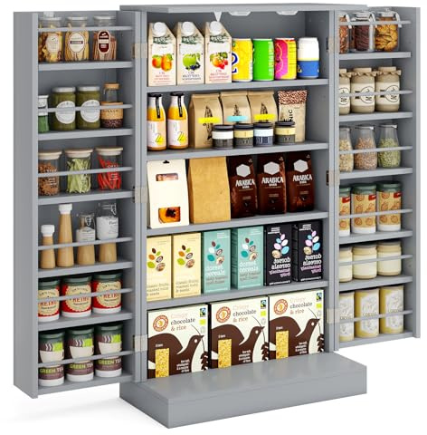 GOPLUS Meuble Cuisine de Rangement 59 x 30 x 104 CM à 2 Porte, Buffet Cuisine Autoportant avec 19 Étagère Ajustable, Garde-Corps, Kit Anti-basculement, Garde-Manger Idéal pour Chambre, Garage (Gris)
