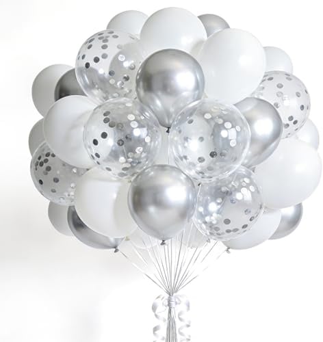 100 Stück Luftballons Weiß Silber,12 Zoll Silber Konfetti Luftballons,Weiß Ballons Set für Geburtstag Hochzeit Babyparty Valentinstag Silvester Party Deko