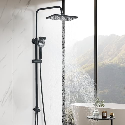 Cesinkin Noir Colonne de Douche sans Mitigeur Ensemble de Douche avec Douchette Réglables Robinet Douche avec Tête de Douche Carrée 29 * 19cm Acier Inoxydable
