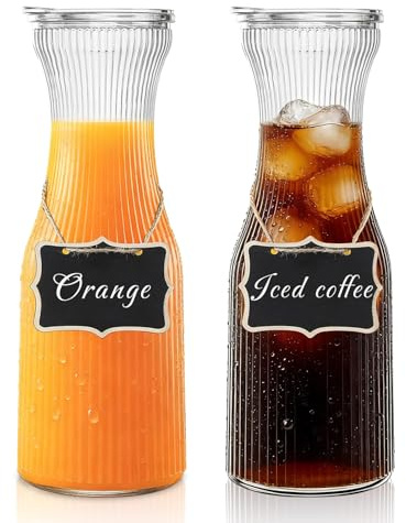 INSETLAN 1 Liter Glass Carafe with Plastic Lid,4 Pack Ribbed Glass Water Jug for Water, Juice & Iced Tea, Glass Pitchers for Restaurants & Home Use