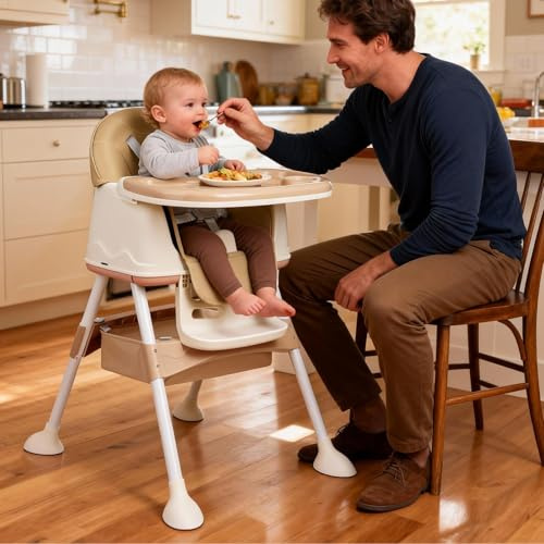 Verdego Hochstuhl Baby, Kinderhochstuhl 3 in 1 mit Doppellagigem Essteller und Spielzeugregal, Pflegeleicht, Babystuhl, 5 Punkt Gurt, Kombihochstuhl, Mitwachsend ab 6 bis 36 Monate, Beige