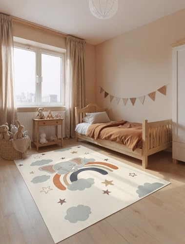 Hanse Home Adventures Kinderteppich Dreamy Jumbo - Kinderzimmerteppich Sterne, Wolken, Regenbogen, Elefant, Tiermotiv, Junge, Mädchen, Teppich Kinderzimmer, Wohnzimmer - Creme Multifarben, 160x235 cm