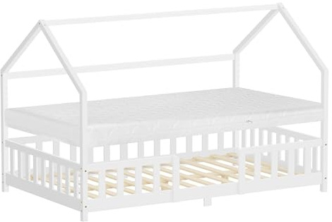 ML-Design Kinderbett Hausbett 120x200 cm mit Matratze, Rausfallschutz, Dach & Lattenrost, Weiß, Bettgestell aus Kiefernholz, Montessori Bodenbett, Holzbett für Mädchen & Jungen, Jugendbett Doppelbett